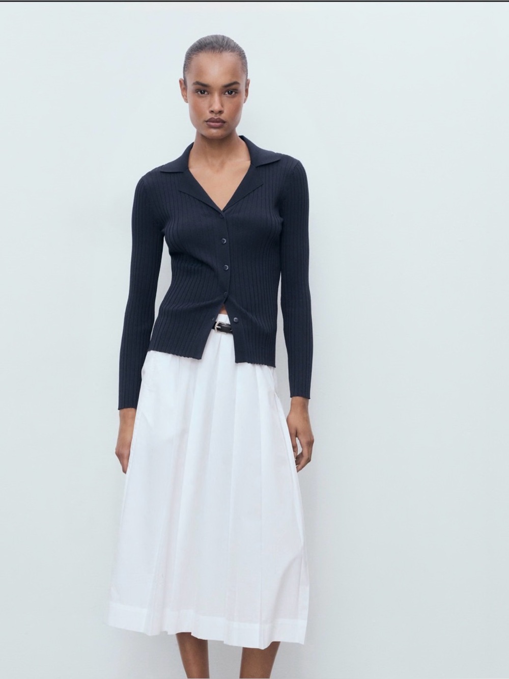 Mango Navy Ribbed Button Front Collared Cardigan Top Size XL